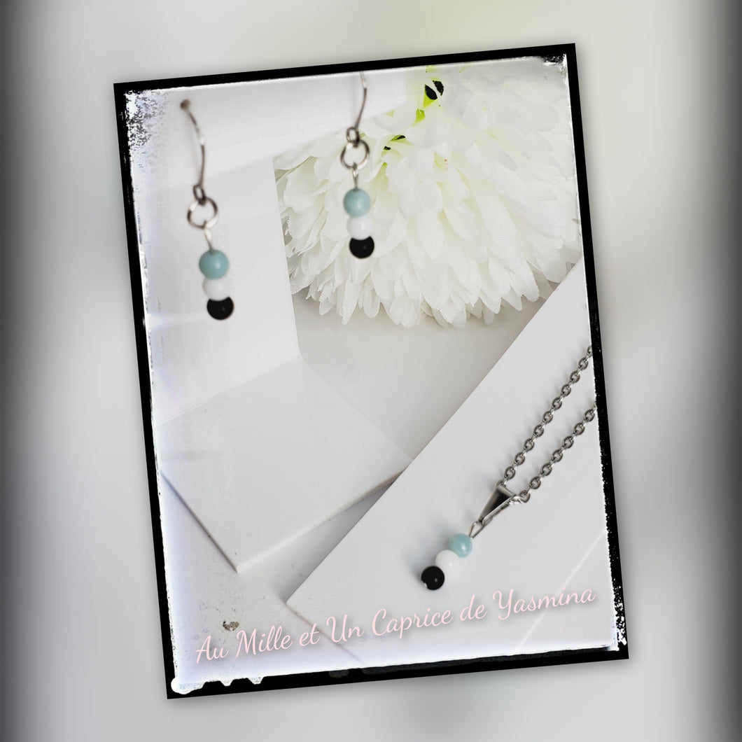 Pierre naturelle amazonite, black onyx, white tridacna calcédoine